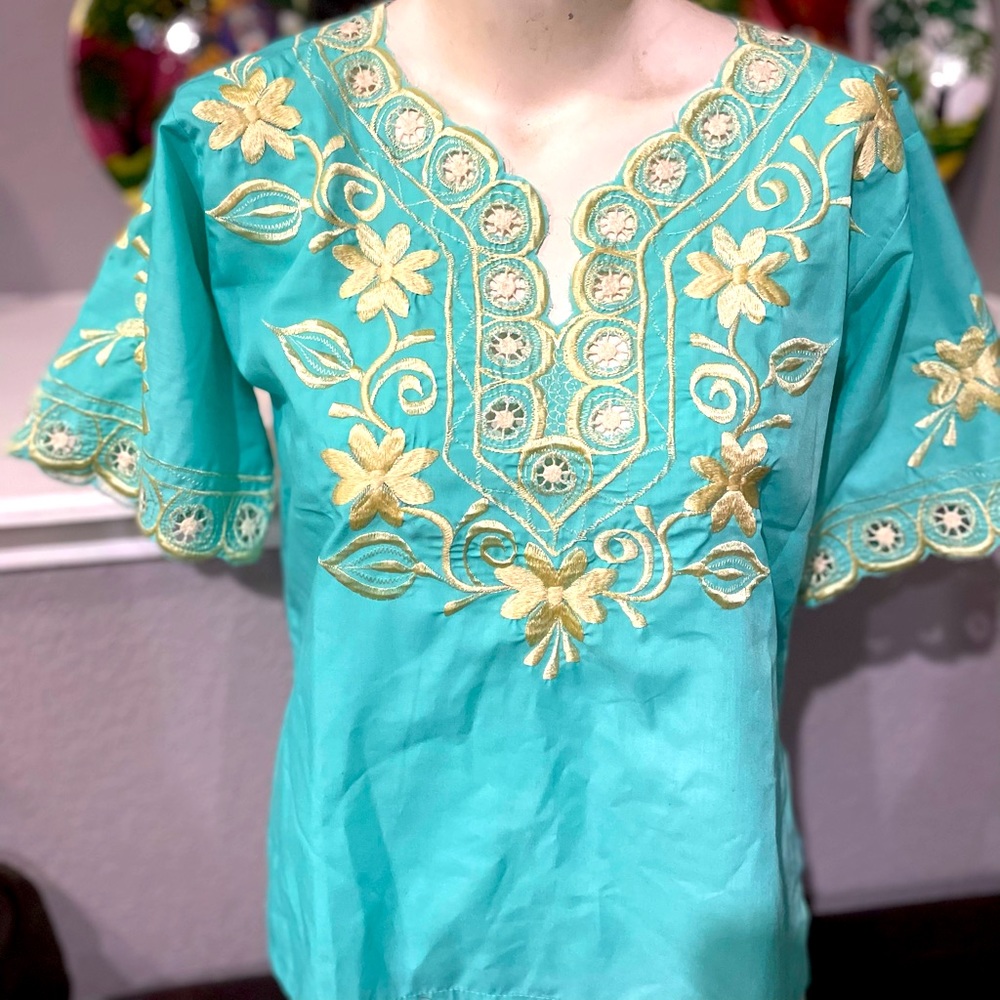 Beautiful Oaxaca hand Embroidered turquoise blouse